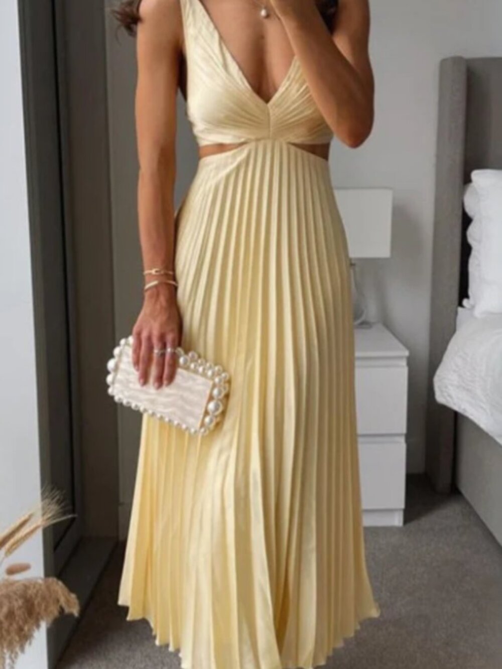 Pleated Yellow Midi Dress